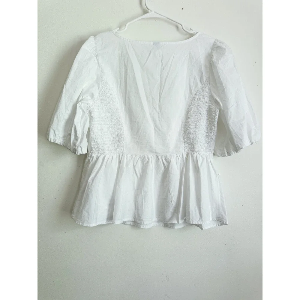 Old Navy White Cotton Puff Sleeve Peplum Blouse Twist Front Cottagecore Top L